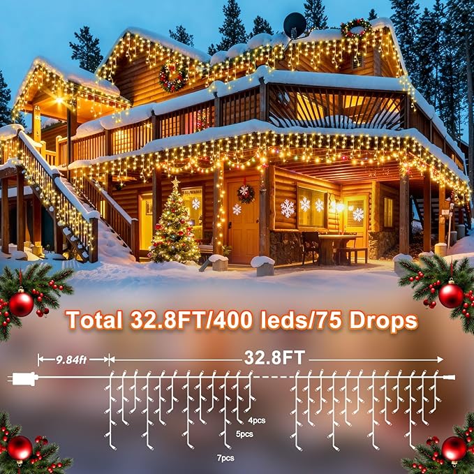 KNONEW Christmas Lights Outdoor Decorations 400 LED 33ft 8 Modes Curtain Fairy String Light with 75 Drops, Clear Wire LED String Light Indoor Decor for Wedding Party Christmas Decorations Warm White