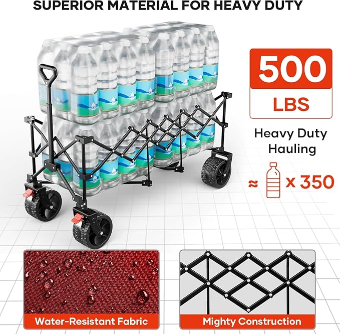 49" L Collapsible Extended Wagon with 500lbs Weight Capacity,300L Heavy Duty Sports Wagon,Big All-Terrian Wheels with Cup Holders,Cart for Sports,Grocery,Shopping,(Rosepink)