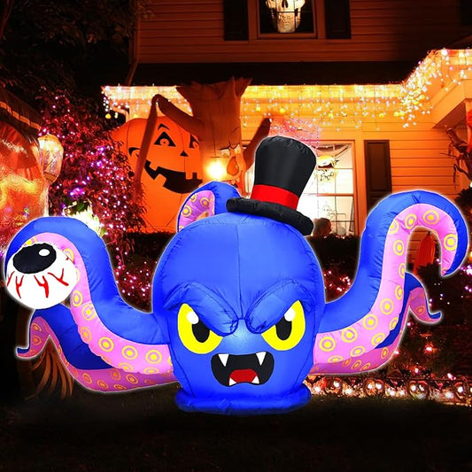 7FT L x 3FT H Halloween Inflatable Octopus Catching Eyeball Halloween Inflatable Giant Sea Monster with Build-in LED Lights, Blow up Halloween Outdoor Indoor Decorations Large Party Yard Decoration