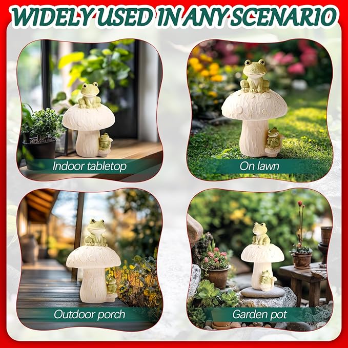 Frog Garden Decor Outdoor Statues, Mushroom Home Decor with Frog Figurines Outdoor Fairy Gardens Accessories Lawn Ornaments, Cute Garden Statues for Outside Yard Lawn Planters Art Decorations Gifts