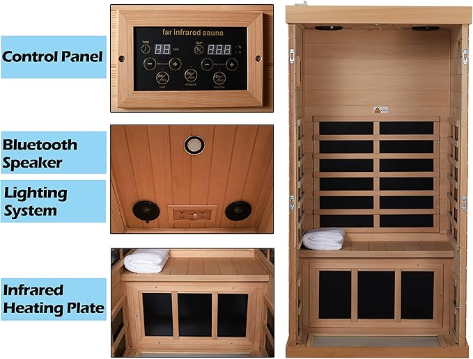 Red Cedar Infrared Sauna 1 Person Low EMF Far Infrared Saunas for Home, 1350 watt Indoor Personal Sauna Room with 2 Bluetooth Speakers, 1 LED Reading Lamp
