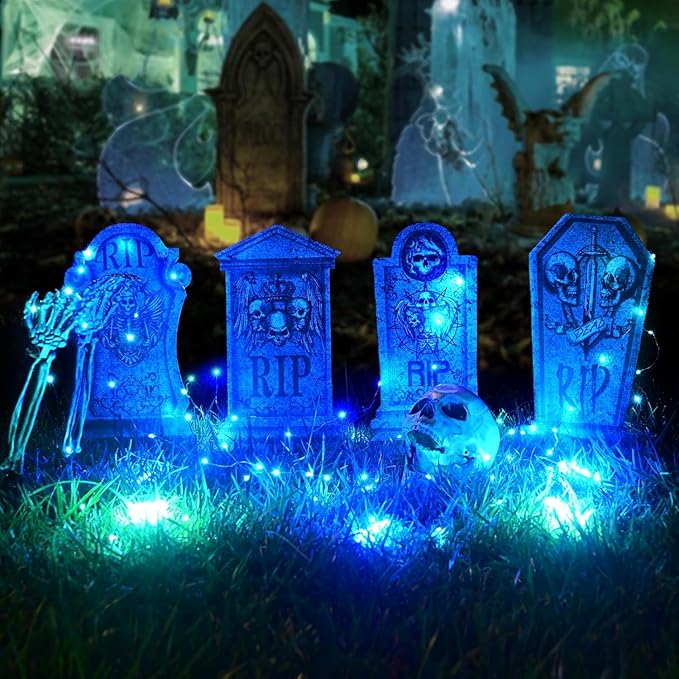 Halloween Lighted Skeleton Set, Skull Arms Stakes with 2 Blue 3 m LED Lights & 2 Green 3 m LED Lights (3 Modes), Realistic Halloween Decoration for Outdoor Garden Yard Graveyard