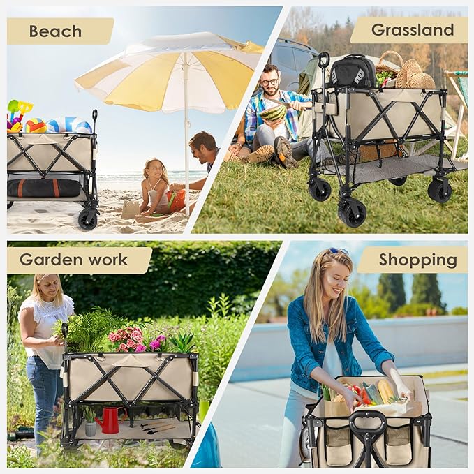 HOPERAN 400L XL Wagons Carts Foldable, 54" Extra Length Double Decker Collapsible Wagon Cart with Tailgate, 8" Big All-Terrain Wheels, 550lbs Load Utility Grocery Cart for Camping,Sports,Beach