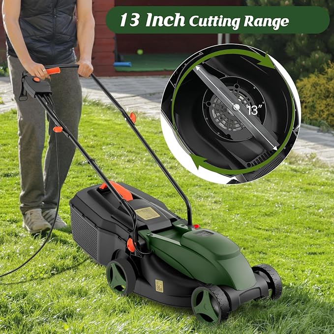 S AFSTAR Electric Lawn Mower, 10-AMP 13-Inch Corded Walk-Behind Lawnmower with Collection Box, 3 Adjustable Height Position, Self Locking Function, Push Lawn Mower for Backyard