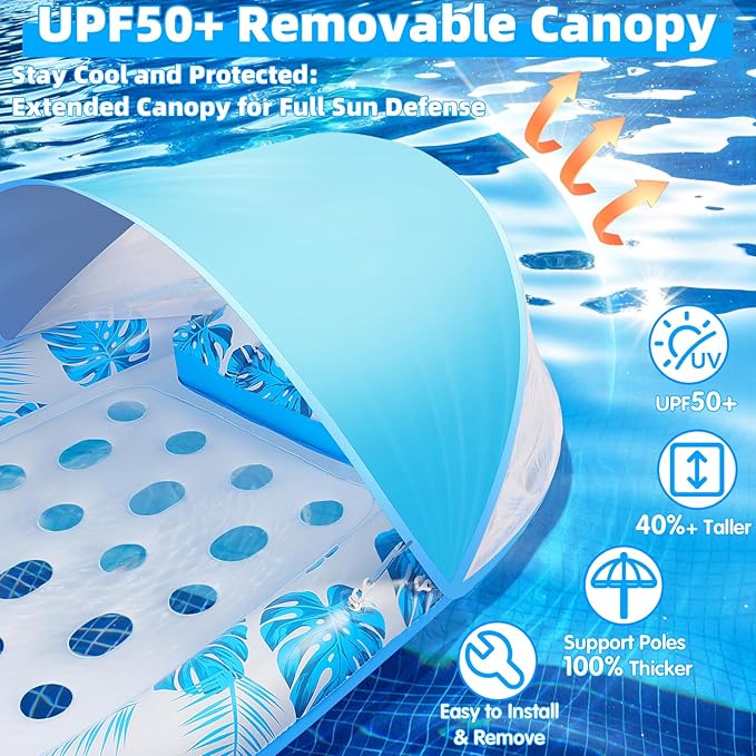2025 New Pool Floats Adult with Canopy and Cup Holder, 3-in-1 Inflatable Pool Lounge Floaties for Swimming Pool Lake Beach Water, Raft Lounger Floating Chair for Adults Heavy Duty