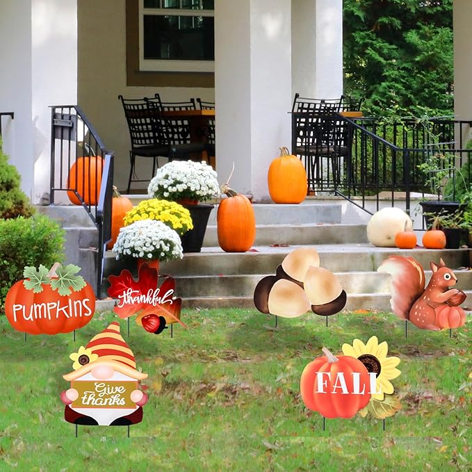 WONDER GARDEN Fall Yard Stakes Yard Signs, 6 PCS Metal Thanksgiving Garden Stakes with Pumpkin, Gnome, Maple Leaf, Chestnut and Squirrel for Harvest,Outdoor, Lawn,Farmhouse Decorations