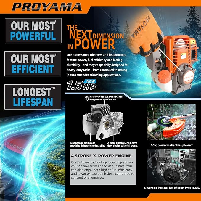 PROYAMA 40cc Gas Powered Brush Cutter, 4-Cycle Weed Eater, 3 in 1 Dual Line Gas String Trimmer and Grass Trimmer, Weed Wacker Extreme Duty…