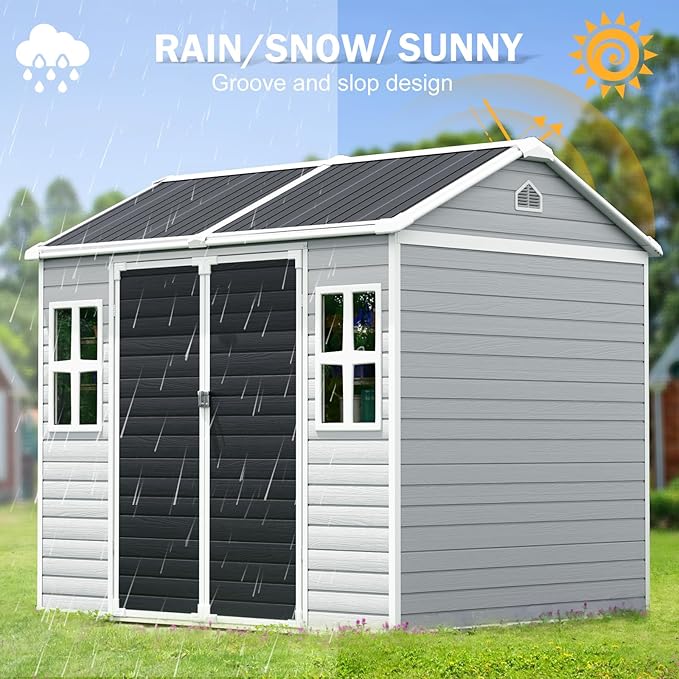 CDCASA 8x6 FT Resin Storage Sheds with Floor, Waterproof Large Outdoor Sheds & 2 Windows,Outside Plastic Tool Shed for Backyard Garden Patio Lawn