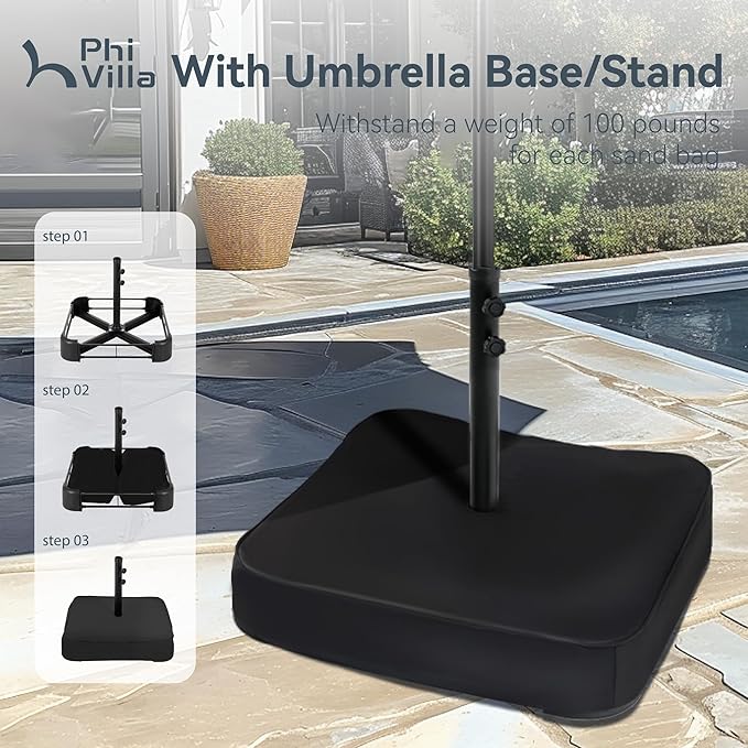 PHI VILLA 15ft Large Patio Umbrellas with Base Included, Outdoor Double-Sided Rectangle Big Market Umbrella with Stand, Outside Umbrellas for Poolside Lawn Backyard, Beige