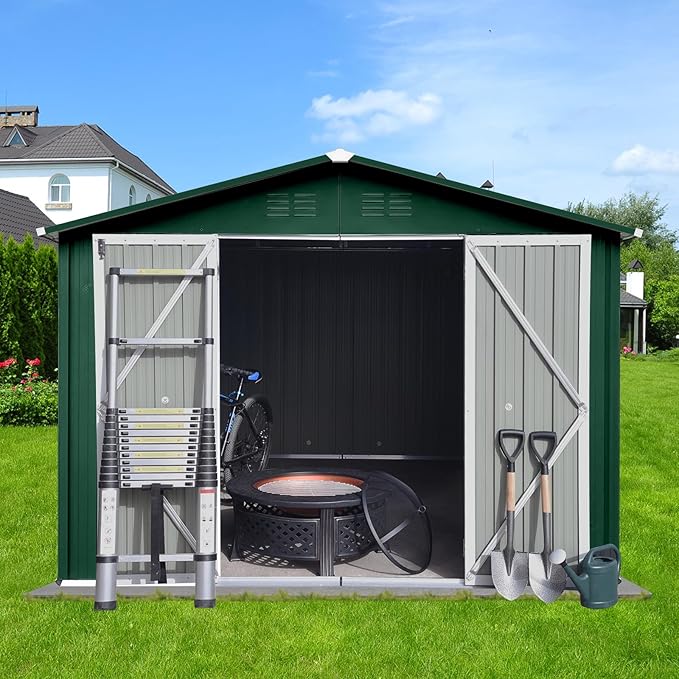 Metal Garden Sheds 8ft×10ft Outdoor Storage Sheds Green + White, for Backyard, Patio, Poolside
