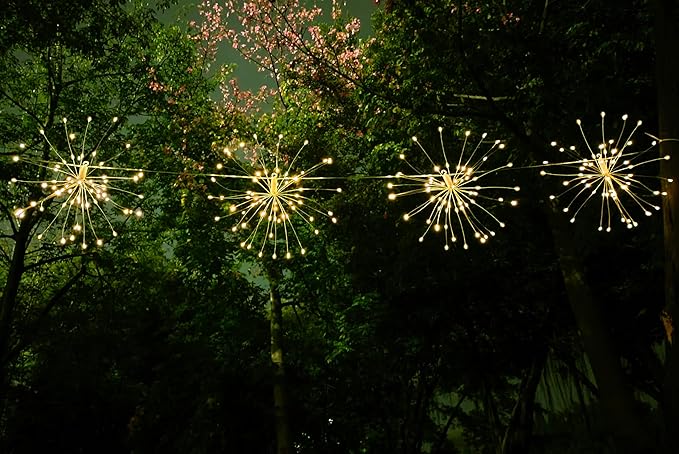 Remote Firework LED Copper Wire Starburst Lights - 10 Connection 600 LED Fairy Twinkle String Lights - 8 Modes With Remote Control, Dimming, Timer (Warm White)