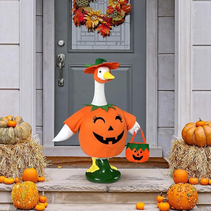 Pumpkin Goose Outfit, 23-inch Halloween Porch Goose Outfit. Cute Goose Clothes for Outdoor Garden Yard Decor
