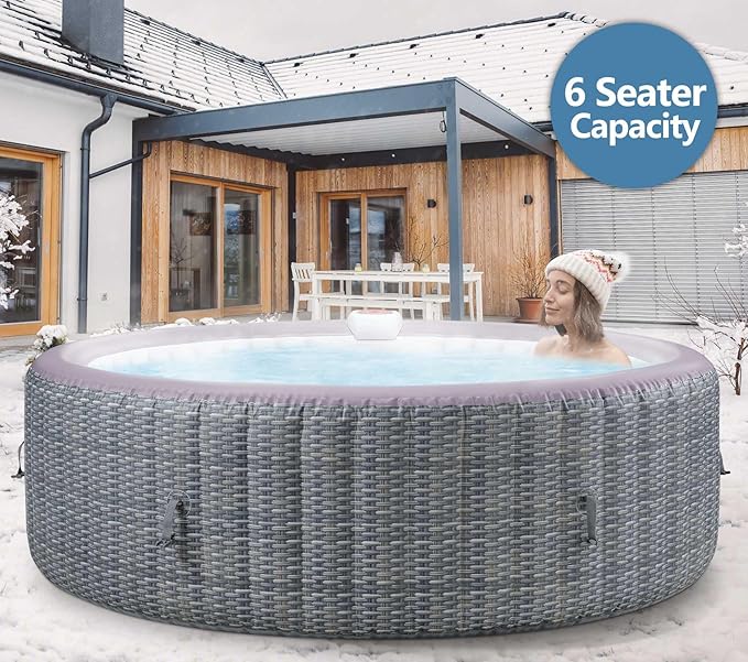 73" Inflatable Round Hot Tub for 2-6 Adults, Portable Outdoor Spa with 130 Air Jets, 1350W Heater, Rattan Look, Blow Up Bubble Tub for Patio, Deck, Backyard (Round Laminated PVC)