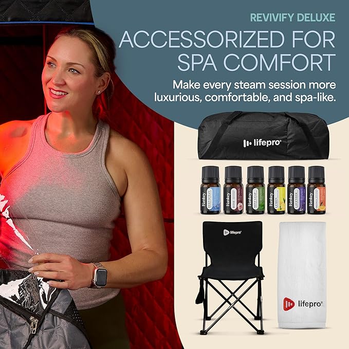 LifePro Portable Sauna for Home with Red Light Therapy – Full Body Steam Room with 2.6L Steamer, Adjustable Heat Levels & Essential Oils – Easy-to-Use Infrared Sauna for Home