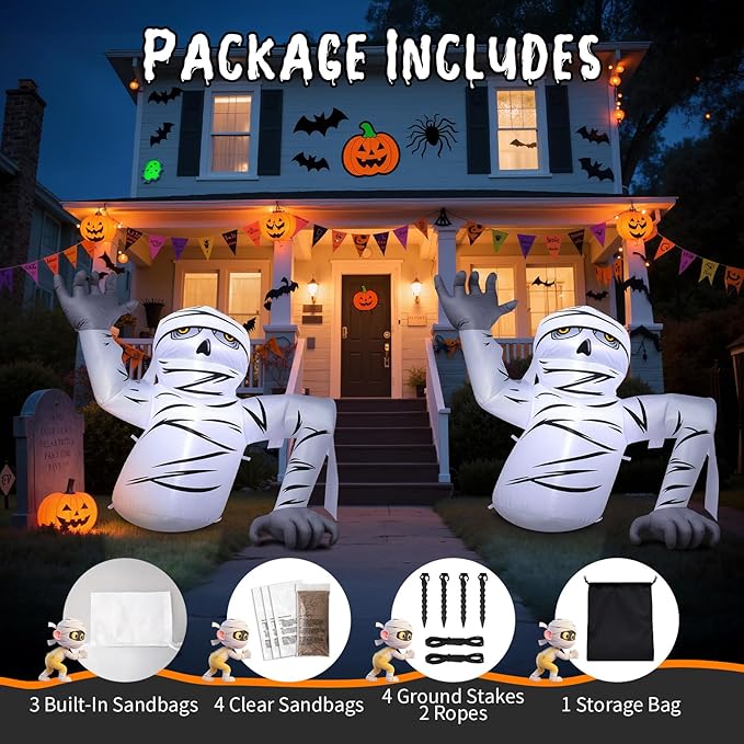 Dawdix 5.2FT Halloween Inflatable Groundbreaker Mummy Outdoor Decorations, Blow Up Yard Decoration Inflatable Mummy with Built-in LEDs for Halloween Party Indoor Outdoor Yard Garden Lawn Decor