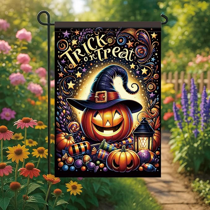 12 x 18 Inch Halloween Garden Flag Outdoor Pumpkin Witch Hat Trick or Treat Yard Decoration Double Sided Autumn Holiday Seasonal Banner for Lawn Patio Party Candy Lantern Fall Theme