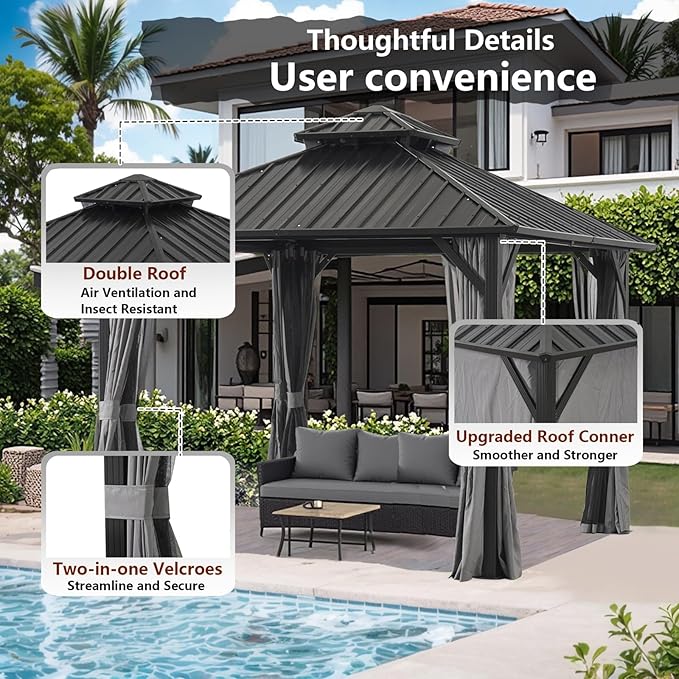 Endark 12x12FT Outdoor Hardtop Double Roof Gazebo with Galvanized Steel Roof, Heavy Duty Metal Frame Canopy with Mosquito Netting and Privacy Curtains (12 * 12FT)