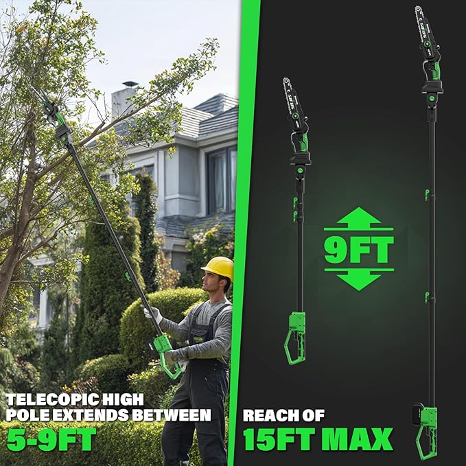 SOYUS 2-IN-1 Cordless Pole Saw & 8-Inch Mini Chainsaw for Tree Trimming, 21V Electric Pole Chainsaw with 2x 3.0Ah Batteries, Brushless Motor, Max Reach 15ft, Pole Saw for Thick Branch Cutting