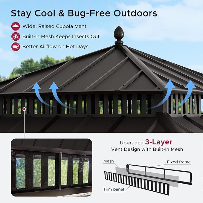 SUNJOY Kingston 12' x 12' Hardtop Gazebo with Galvanized Steel Double Roof, Curtain and Netting, Brown Aluminum Posts Permanent Pavilion Gazebo for Garden, Patio, Deck, Lawn