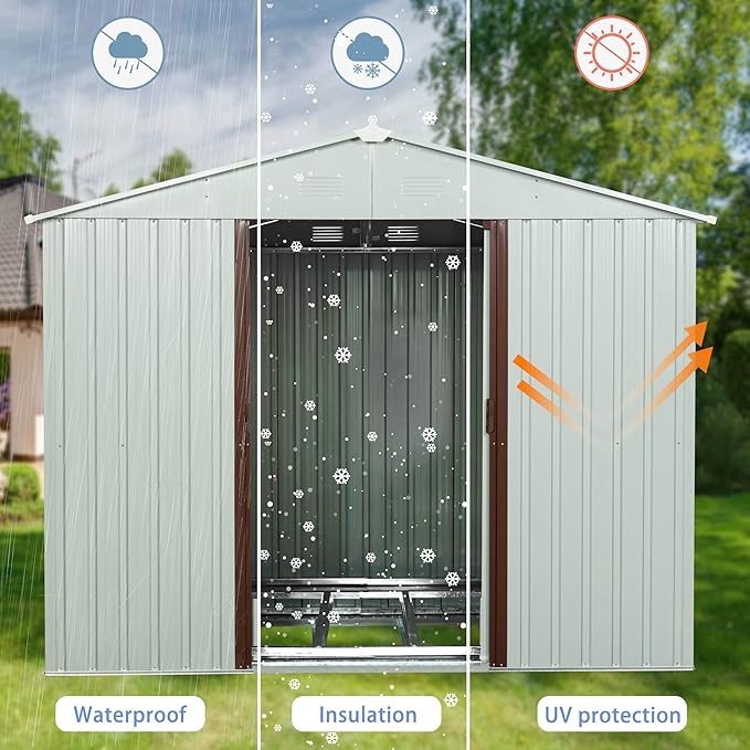 6 x 5 FT Outdoor Storage Shed, Metal Garden Shed with Floor Frame, Tool Shed Outdoor Storage with Lockable Sliding Doors & Air Vents, Storage House Waterproof for Backyard, Lawn, White