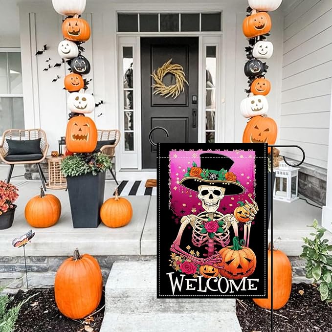 Artofy Welcome Halloween Gothic Skeleton Small Decorative Garden Flag, Pink Horror Skull Jack O Lantern Pumpkin Yard Lawn Outside Decor, Scary Flowers Burlap Outdoor Home Decoration Double Sided 12x18