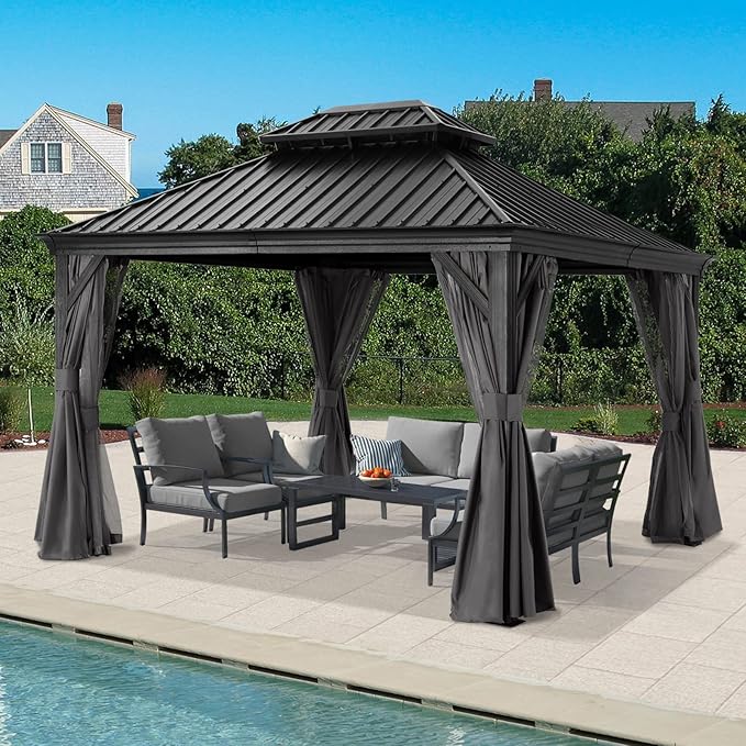 ABCCANOPY Hardtop Gazebo 10x12 - Outdoor Metal Hard Top Gazebo, Permanent Galvanized Steel Aluminum Framed Pavilion with Netting and Curtain for Patio Backyard Lawn Garden (Double Roof, Gray)
