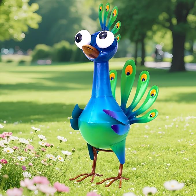 Metal Peacock Statue Garden Decor Cartoon Peacock with Bobbling Eyes Yard Art Lawn Patio Decoration Outdoor Sculpture for Housewarming Birthday Wedding