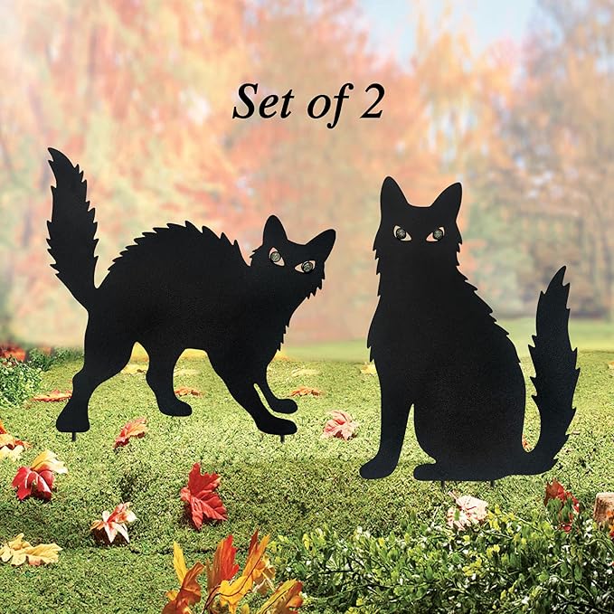 WAIU Halloween Metal Cat Yard Stakes Glow in The Dark Black Cat Silhouette Outdoor Decor for Garden Lawn Patio Spooky Halloween Party Yard Art Decoration, Set of 2