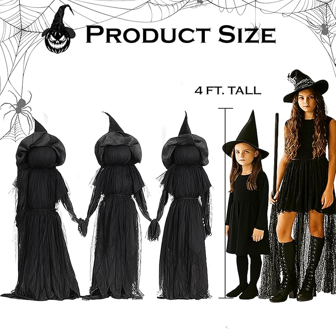 Evergreen Set of 3 LED Black Halloween Witches with Hats Stakes | 4 Feet Tall | Weatherproof Battery Operated | Spooky Garden Statue Outdoor Decoration Grass Lawn or Patio