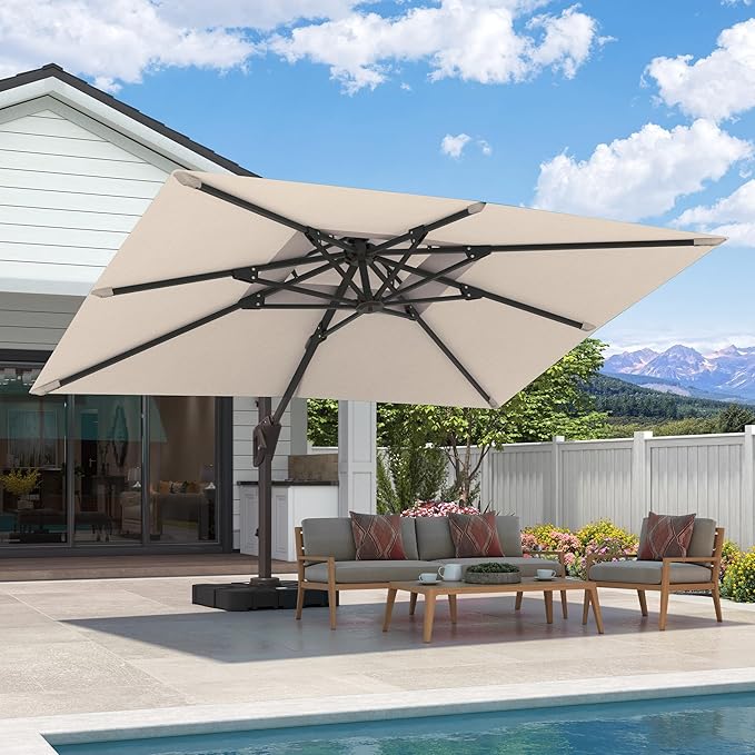 9x12 FT Cantilever Patio Umbrella with Base Included Double Top Outdoor Rectangular Large Heavy Duty Aluminum Offset Umbrellas with 7 Level Tilt 360-degree Rotation for Pool Garden Deck, Beige