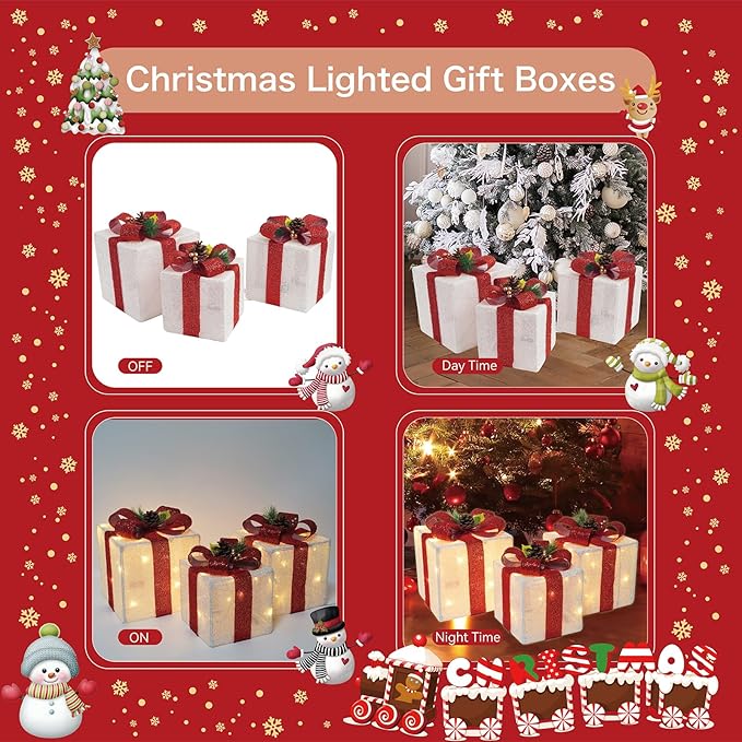 Set of 3 Christmas Lighted Gift Boxes, 60 LED Light Up Present Boxes for Christmas Decorations Indoor Outdoor Yard Xmas Tree Holiday Party Lawn Porch Home(Max. 8.5")