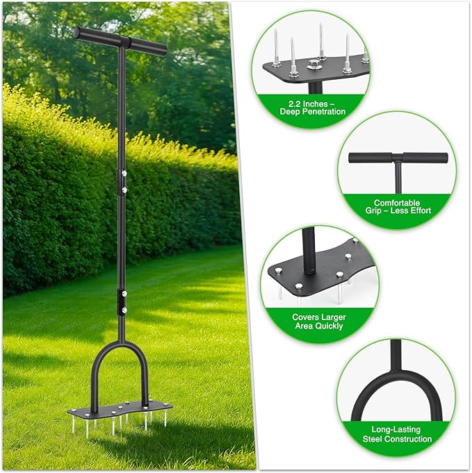 Yesker Lawn Aerator Spike Tool – Manual Metal Soil Aerator with 9 Iron Spikes, Dethatching Lawn Tool for Yard, Garden, and Lawn Aeration