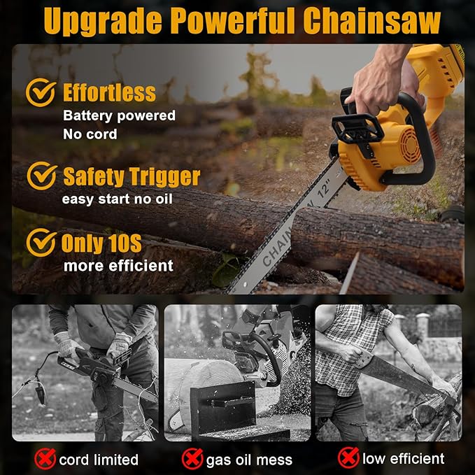 Mini Chainsaw Cordless for Dewalt 20V Battery, Brushless Electric 12"/ 10" with Auto Oiler & Security Lock, for Tree Trimming, Branch Wood Cutting (Tool Only) (12"/ 10" Chainsaw)