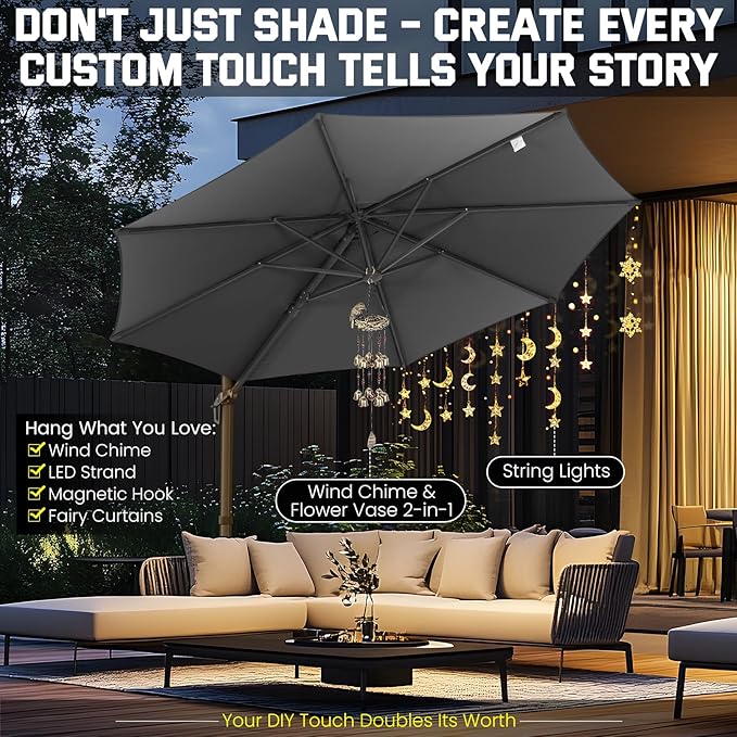 Hotime 10ft Patio Umbrella Outdoor Patio Windproof and Height adjustable, Heavy Duty Aluminum Round Offset Patio Umbrella Cantilever Pool Umbrella with 360°Rotation for Garden Deck Pool, Gray