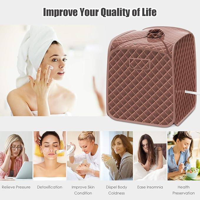 COSTWAY Portable Steam Sauna, 3L Foldable Sauna Spa with Remote Control, 9-Gear Temperature and Timer, Atomization Function, Personal Sauna Tent for Relaxation at Home (Coffee)