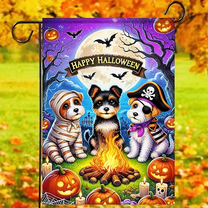 Happy Halloween Garden Flag Double Sided 12x18 Flag With Cute Dogs In Piratedogs Mummy Pirate Campfire Jack-O'-Lanterns Full Moon Garden Flag Outdoor Home Decor Lawn Event Party Supplies