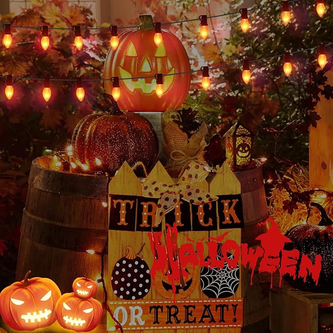 C7 String Lights,25FT Orange Halloween Christmas String Lights for Outdoor Indoor Use,25 Clear C7 Orange Bulbs String Light-Black Wire