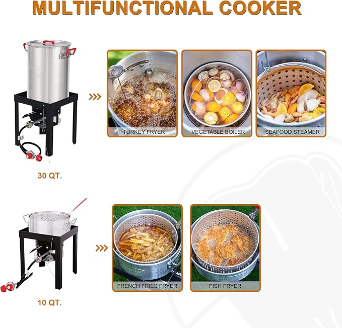 Creole Feast TFK-TG-3001 30 Qt. Turkey Fryer Boiler Steamer Kit with 10 Qt. Fish Fryer Pot & Gloves, Outdoor Turkey Fryer Pot with Basket and Burner, 50,000 BTUs, Silver & Black