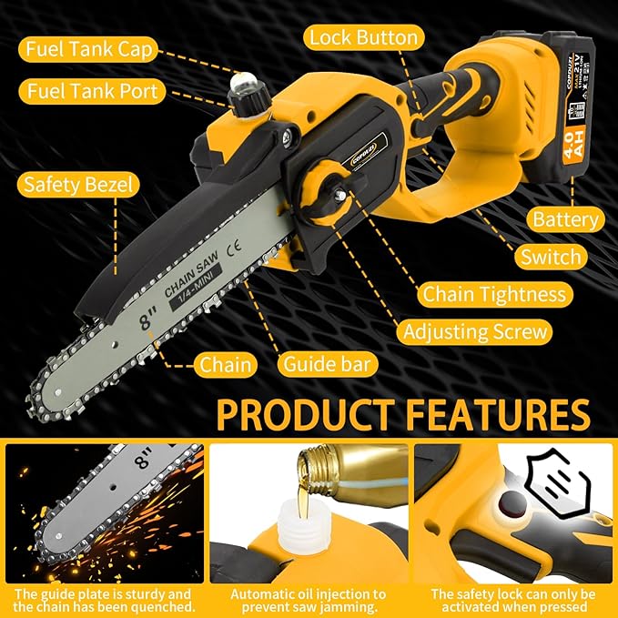 Cordless Mini Chainsaw,8 & 6 Inch Hand Chainsaw with 2×4.0Ah Battery,Tool-Free Installation Brushless Chain Saw with Automatic Oiling Device,Small Motosierra for Wood Cutting Tree & Pruning