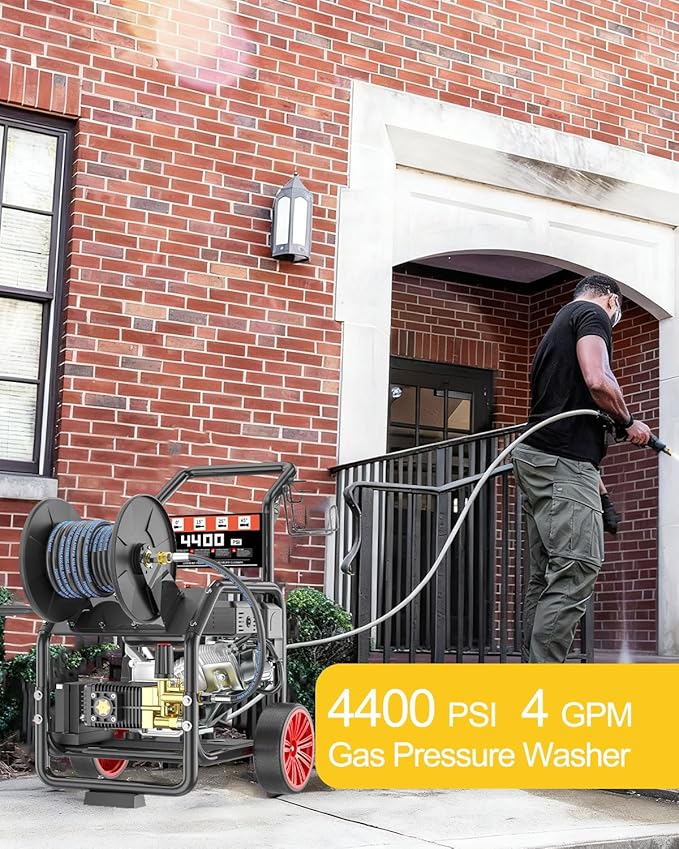 4400 PSI Gas Pressure Washer, One-Button Start 296cc 15HP Engine 4GPM, Includes Hose Reel, 50 FT 3/8 inch Hose, 5 Quick Connect Nozzles, Spray Gun and Wand