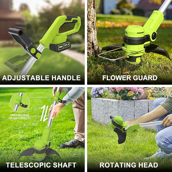 12 Inch String Trimmer Cordless, 21V Electric Weed Wacker with 2.0Ah Battery Powered, Auto Line Feed, 2 in 1 Trimmer and Lawn Edger with 4 Bonus Spools for Lawn, Garden, Yard