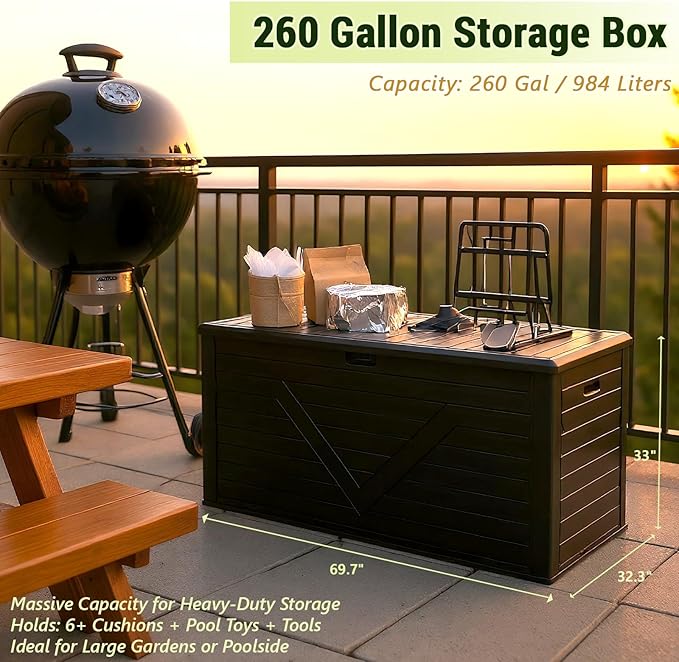 Outdoor Storage Box, 260 Gallon Deck Box Outdoor Storage Bench Outside Waterproof Resin Storage Bench, Lockable Patio Cushions, Garden Tools Storage For Furniture, UV Resistant(Black)