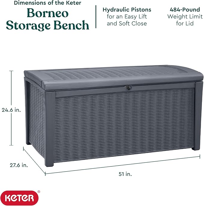 Keter Borneo 110 Gallon Storage Box, All-Weather Wicker Rattan-Style Resin Deck Box and Stylish Outdoor Bench with Piston-Assisted Lockable Lid, Grey
