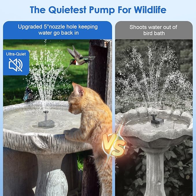 POPOSOAP Solar Fountain Pump for Bird Bath, 6.5W Solar Water Fountain Pump with Upgraded Dry-run Protection & Double-layer Nozzles 5Ft Tubing for Pond, Bird Bath, Backyard Water Feature