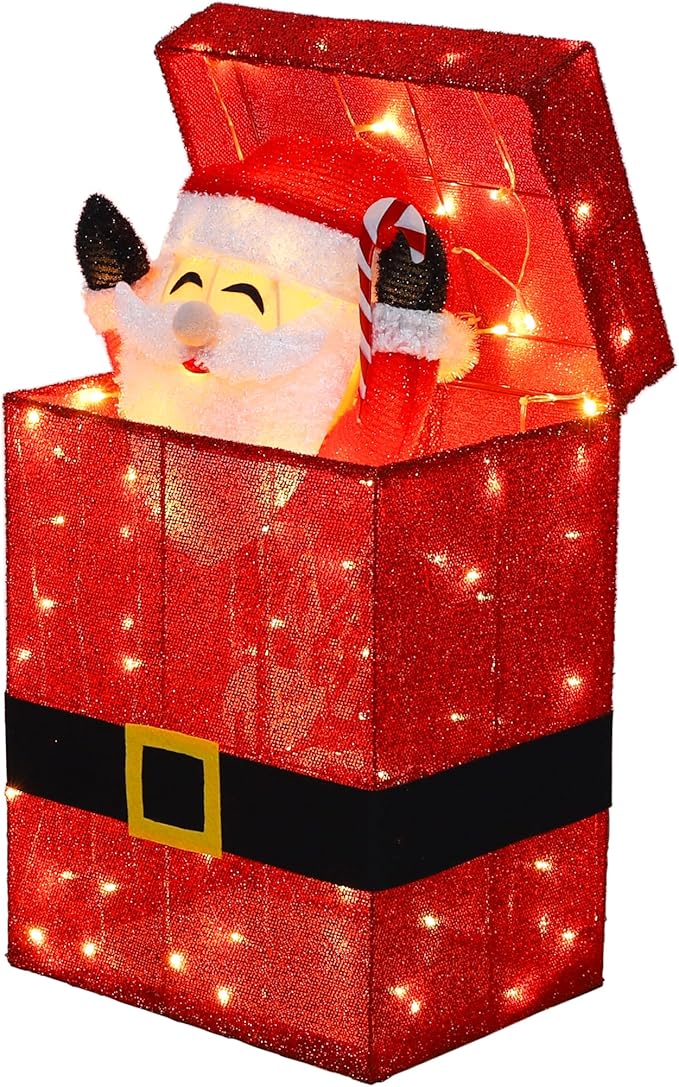 VEIKOU Lighted Christmas Santa Claus Decoration in Gift Box, Electric Santa Claus Christmas Yard Decoration with 100 Warm White LED Lights, 3D Xmas Holiday Ornament for Outdoor and Indoor