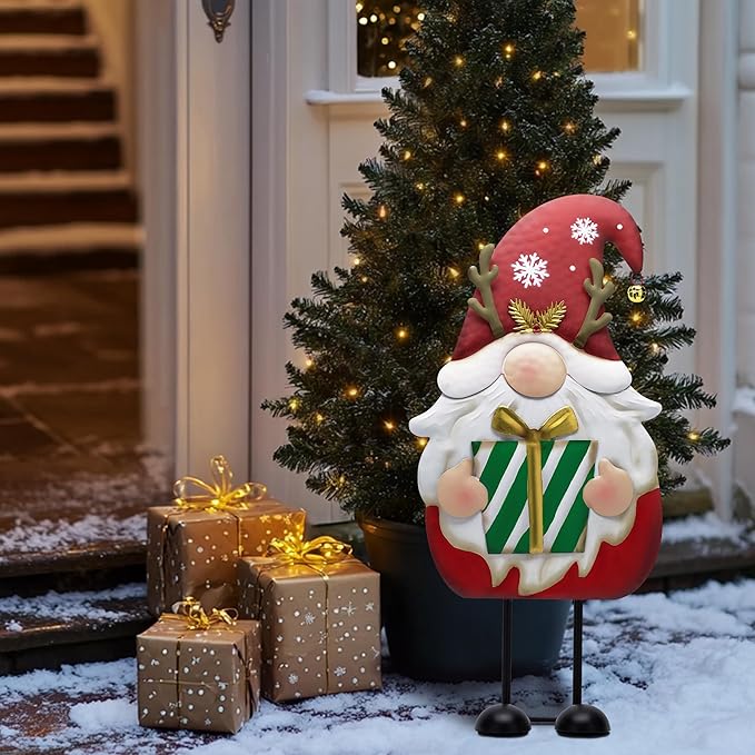 TERESA'S COLLECTIONS Gnome Christmas Decorations,Metal Red White Santa Holding Gifts,Christmas Gnome Statue for Garden Indoor Outdoor,Decorative Yard Art Signs for Lawn Xmas New Year Winter Decor,24"