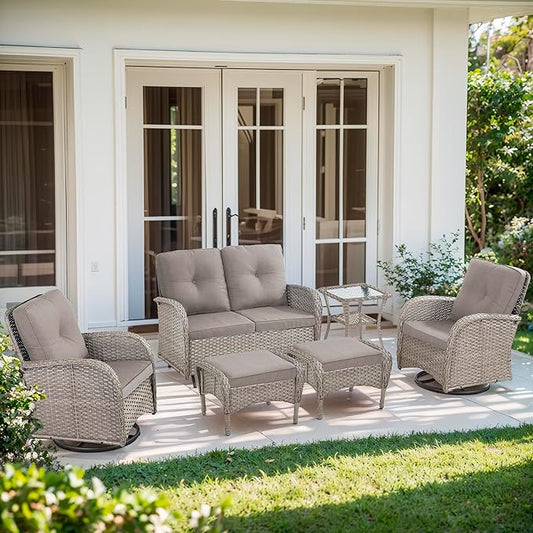6 Piece Patio Furniture Set - Wicker Patio Conversation Set with Swivel Glider, Glider Loveseat, Tempered Glass Side Table and 2 Ottomans for Deck Backyard - Grey Wicker Grey Cushion