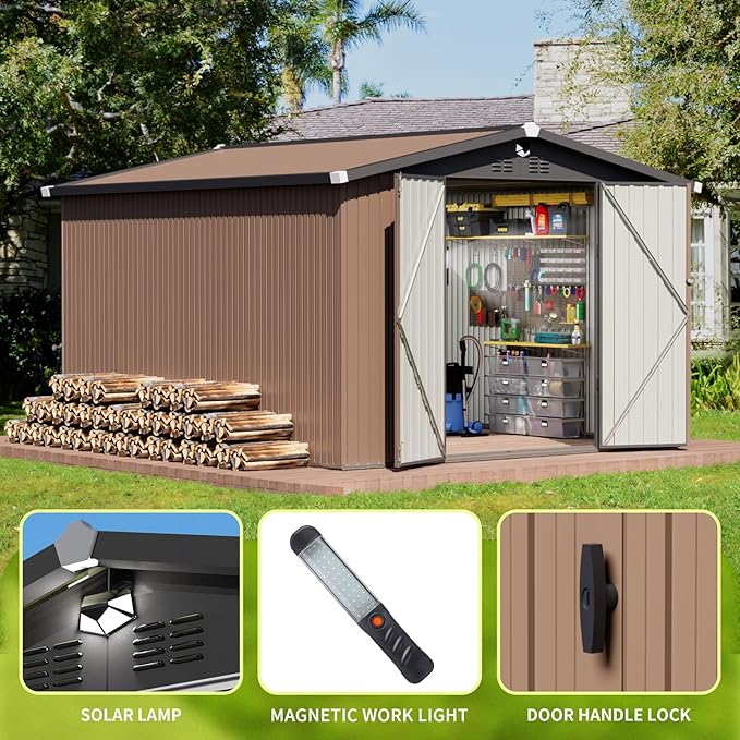 10x12 FT Outdoor Storage Shed, Metal Shed with Lockable Door, Large Heavy Duty Tool Sheds, Outside Waterproof Storage Building