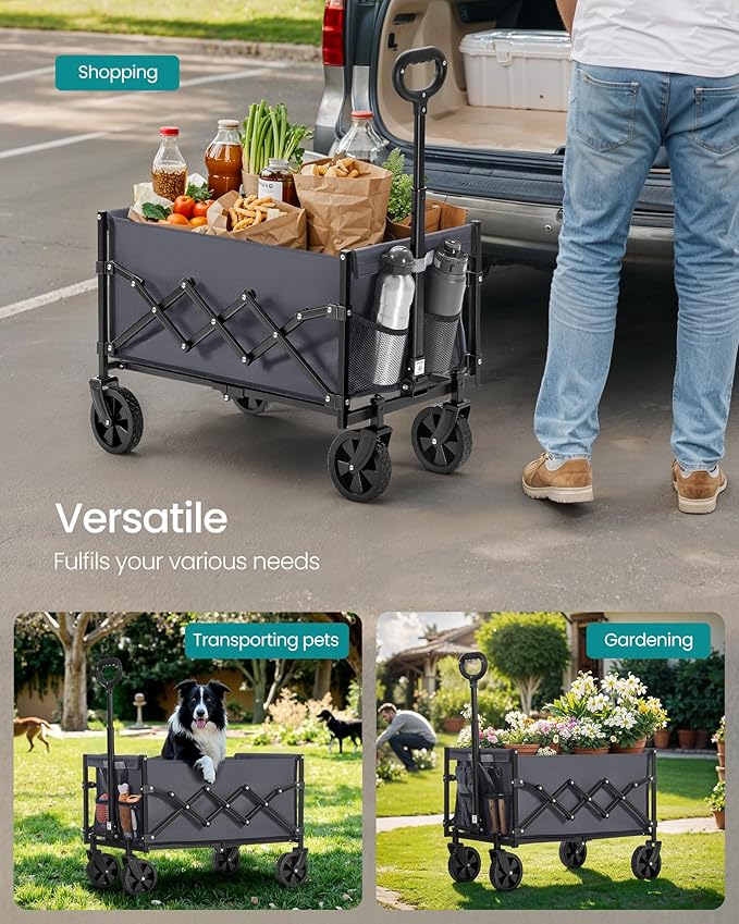 SONGMICS Small Collapsible Wagon with 400 lb Dynamic Weight Capacity, Foldable Wagon Cart, Folding Camp Cart with Wheels, for Outdoor, Yard, 90 L, Slate Gray UGFW909G01