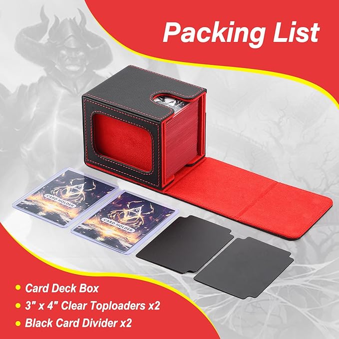 MTG Deck Box, Double Display Window MTG, Commander Deck Box Fits 120+ Single Sleeved Cards, PU Leather Magnetic Closure Card Box with 2 Dividers&2 Toploaders for TCG, CCG, Black/Red